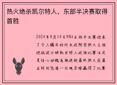 热火绝杀凯尔特人，东部半决赛取得首胜